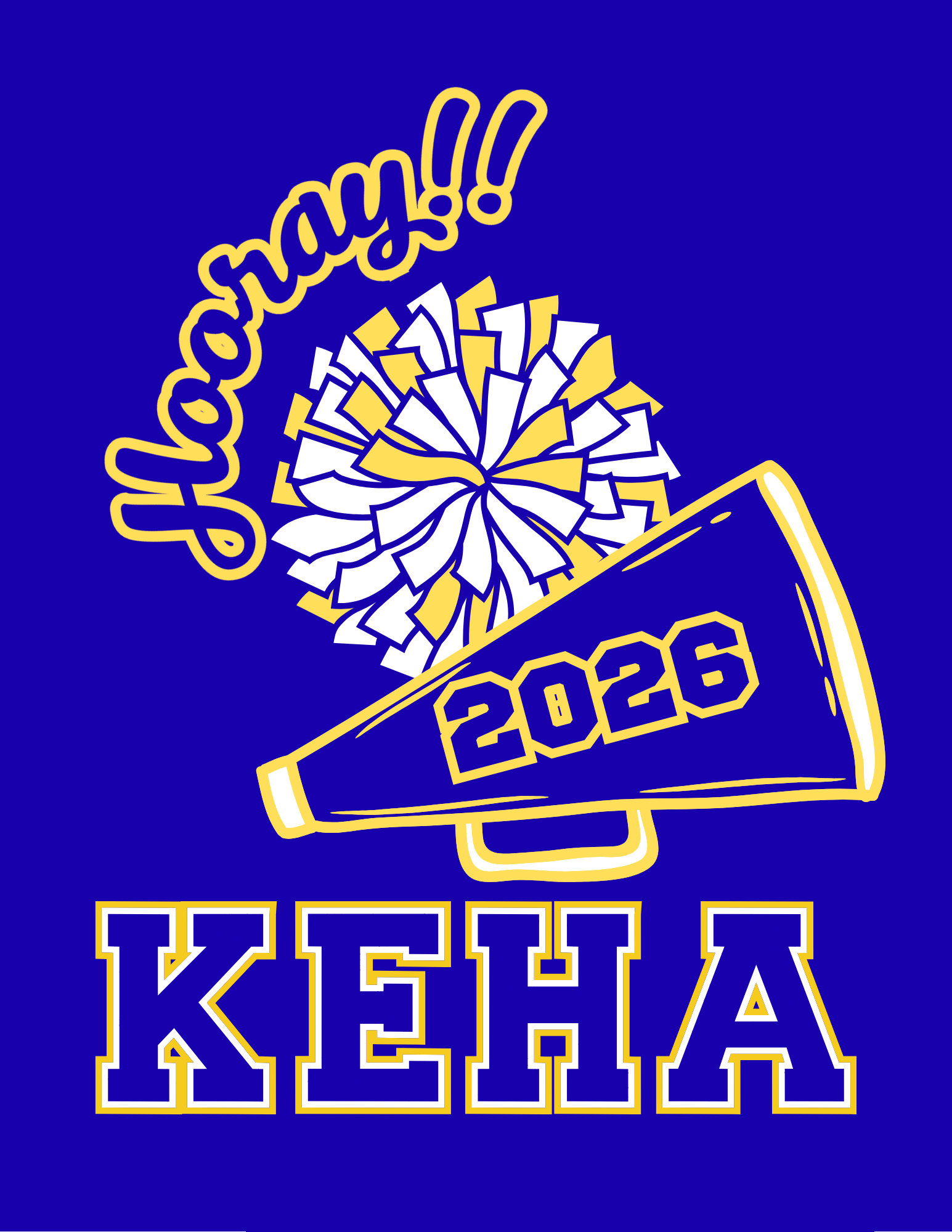 KEHA 2026 State Meeting Logo - The word "Hooray!!" above a yellow and white pom pom  and a megaphone with 2026 listed on it, then the letters KEHA at the bottom on a blue background.